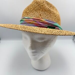 Chi‎ Chi Straw Sun Hat Fedora Wide Brim Tan Plaid Band Made in USA One Size